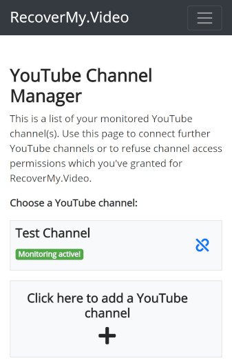 RecoverMy.Video channel manager shows connected channel